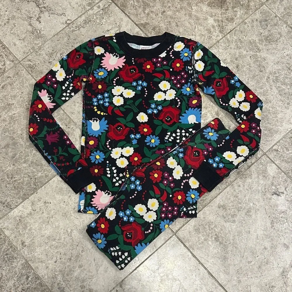 Hanna Andersson Festive Flowers Long John PJ Pajama Set Size 140 US 10